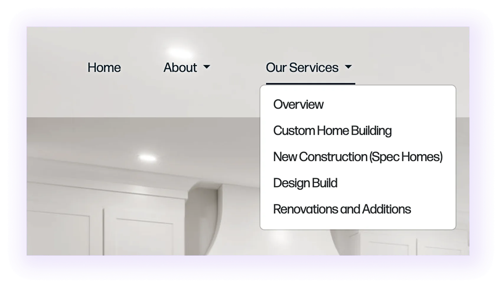 service page elements in home builder website navigation menu