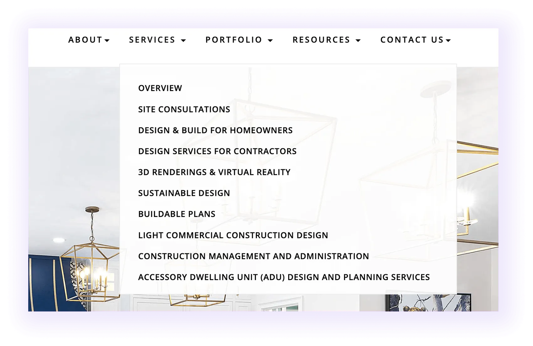 more detailed service pages in the home builder website navigation menu