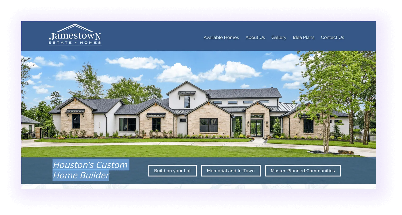 Local home builder website homepage hero section example