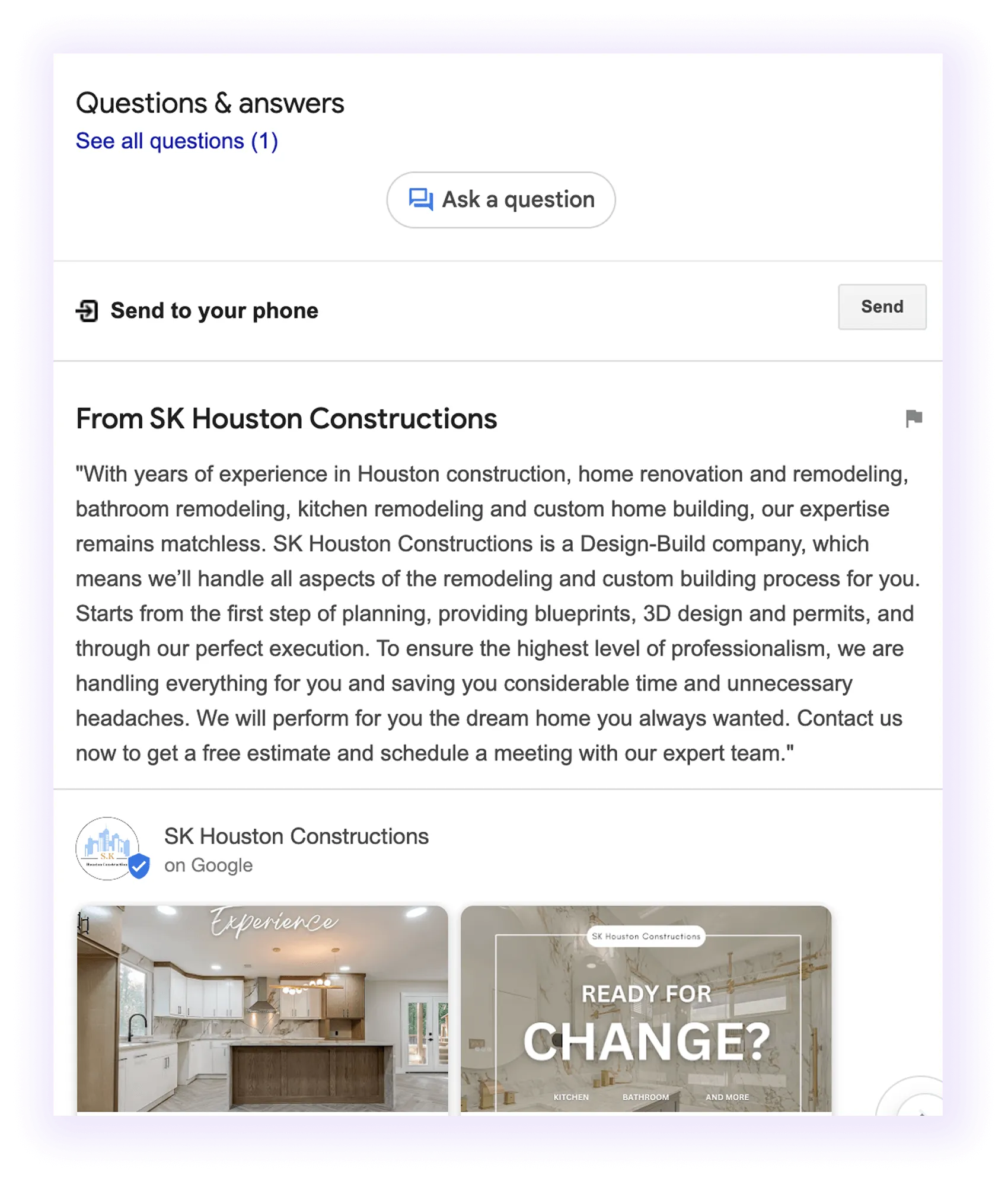 Company description section example for a home builder GBP