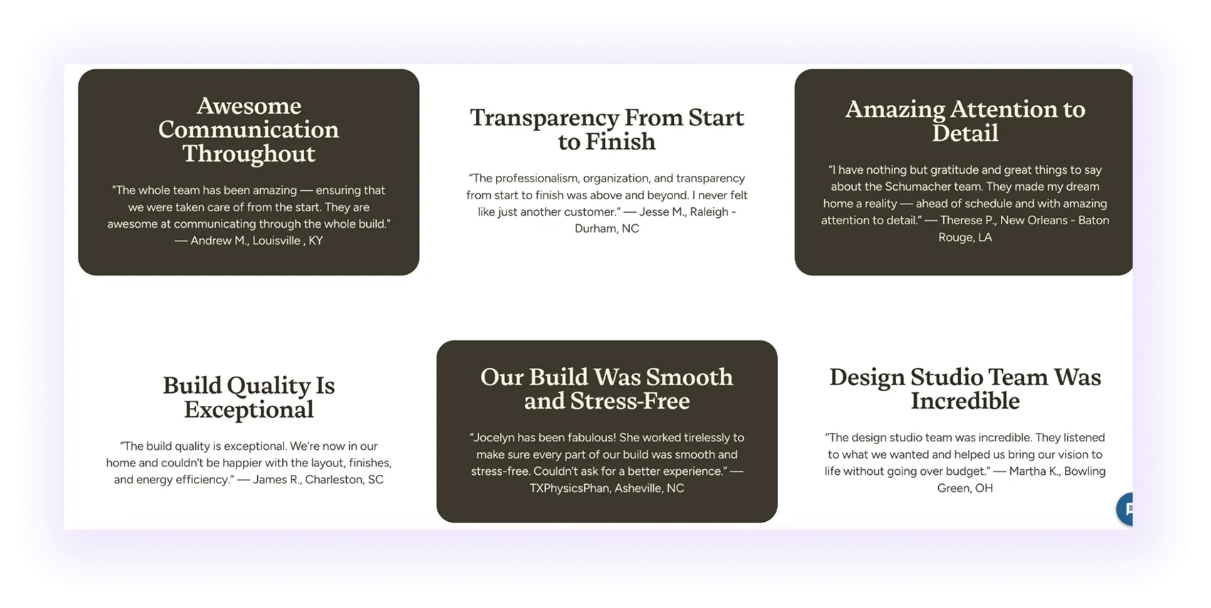 customer reviews and testimonials block on a home builder website