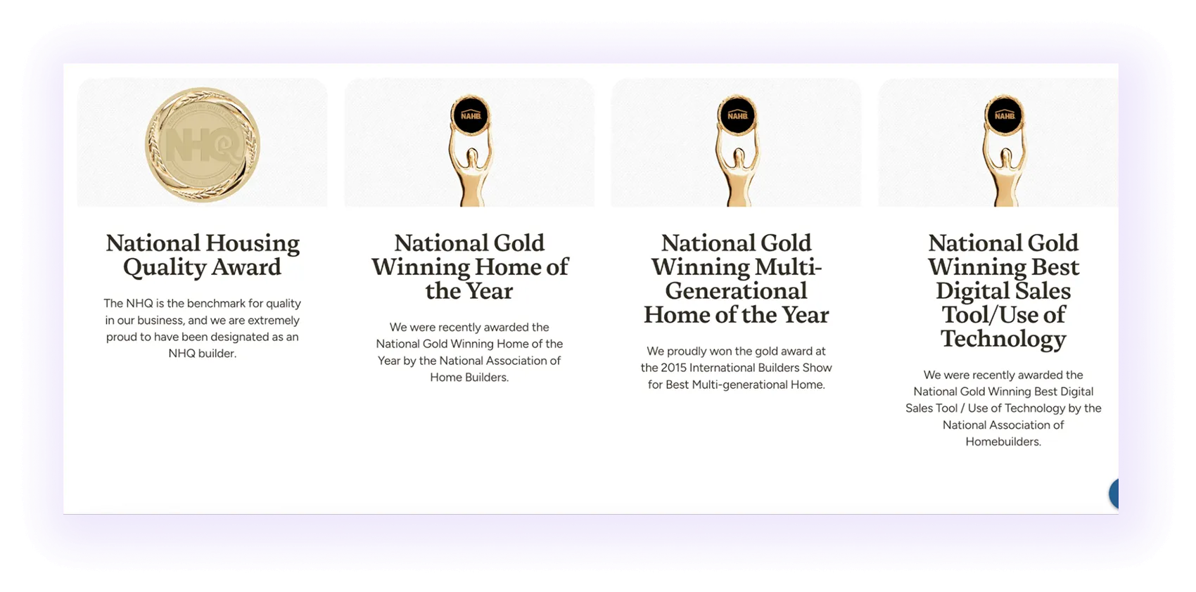 awards and certification block on a home builder website