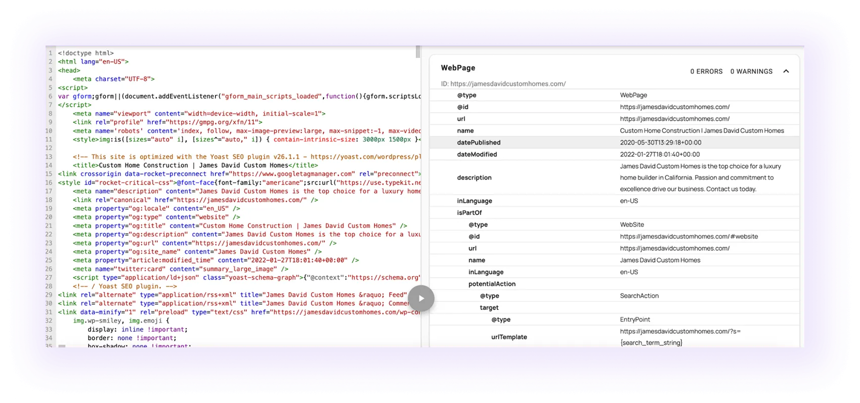  example of an optimized schema markup for a home builder website