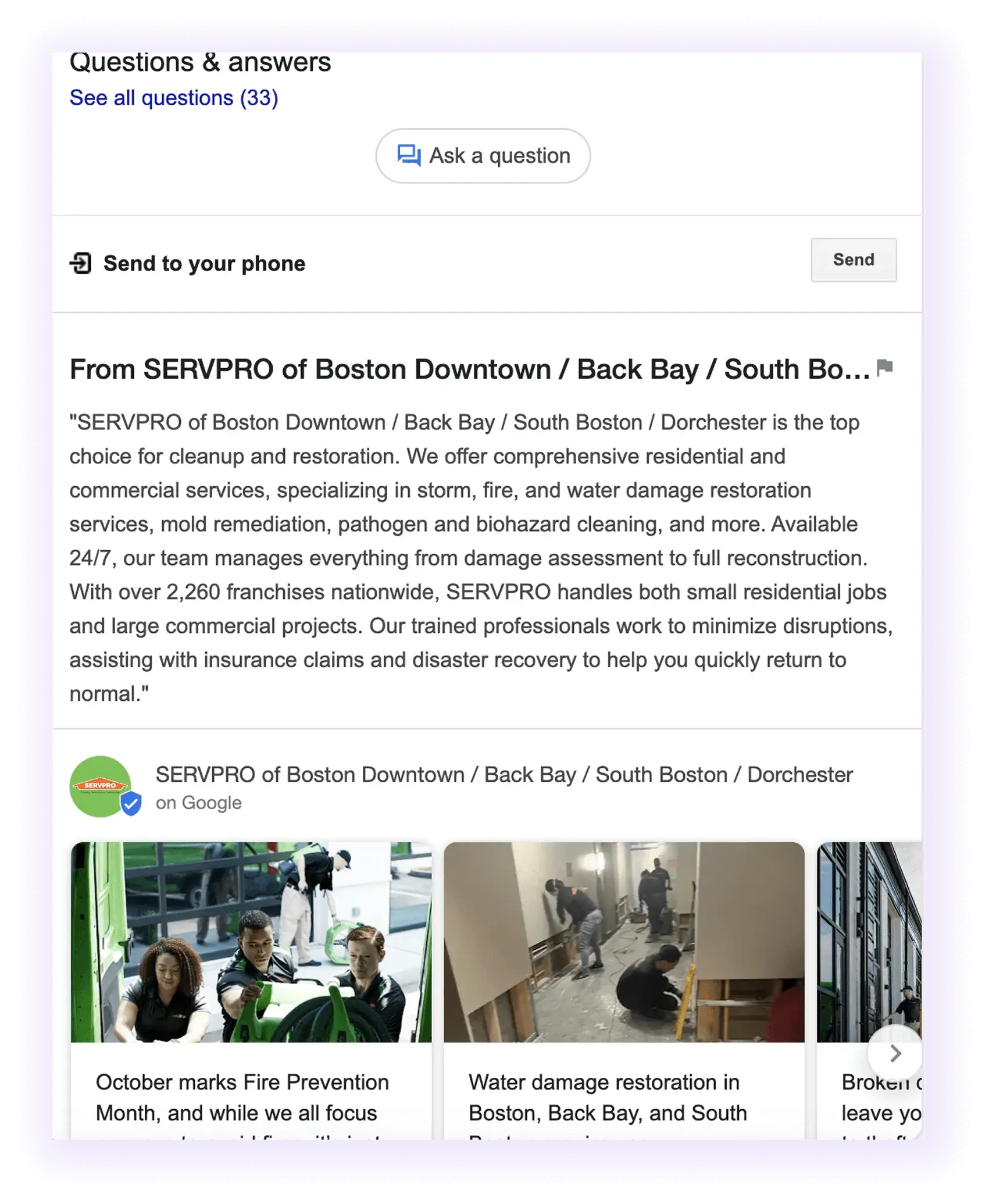 Company description section example for a restoration company GBP