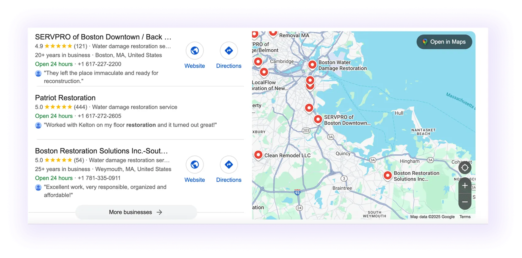 Restoration companies' Google Business Profiles showing up in a map