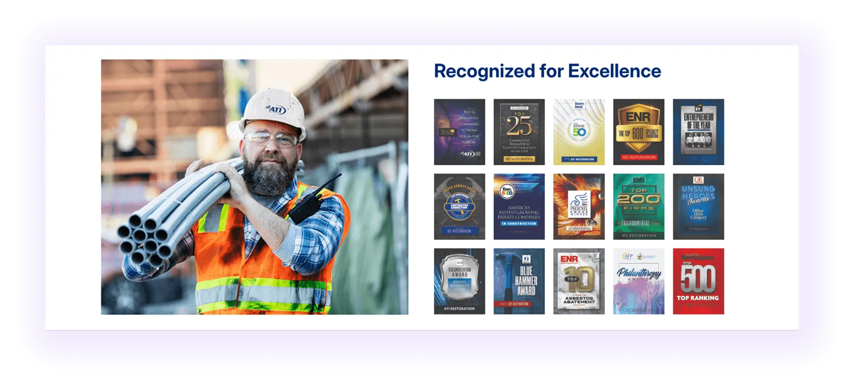 awards, client reviews, and case studies block on a restoration website