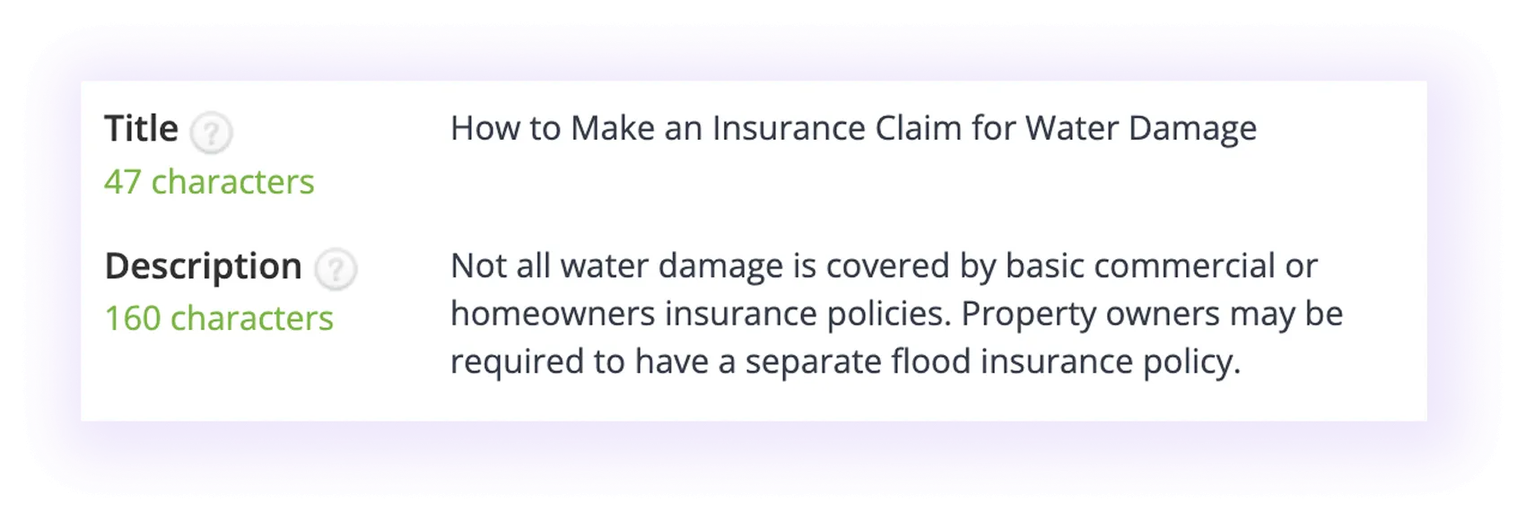 meta title and meta description examples for "water damages" pages