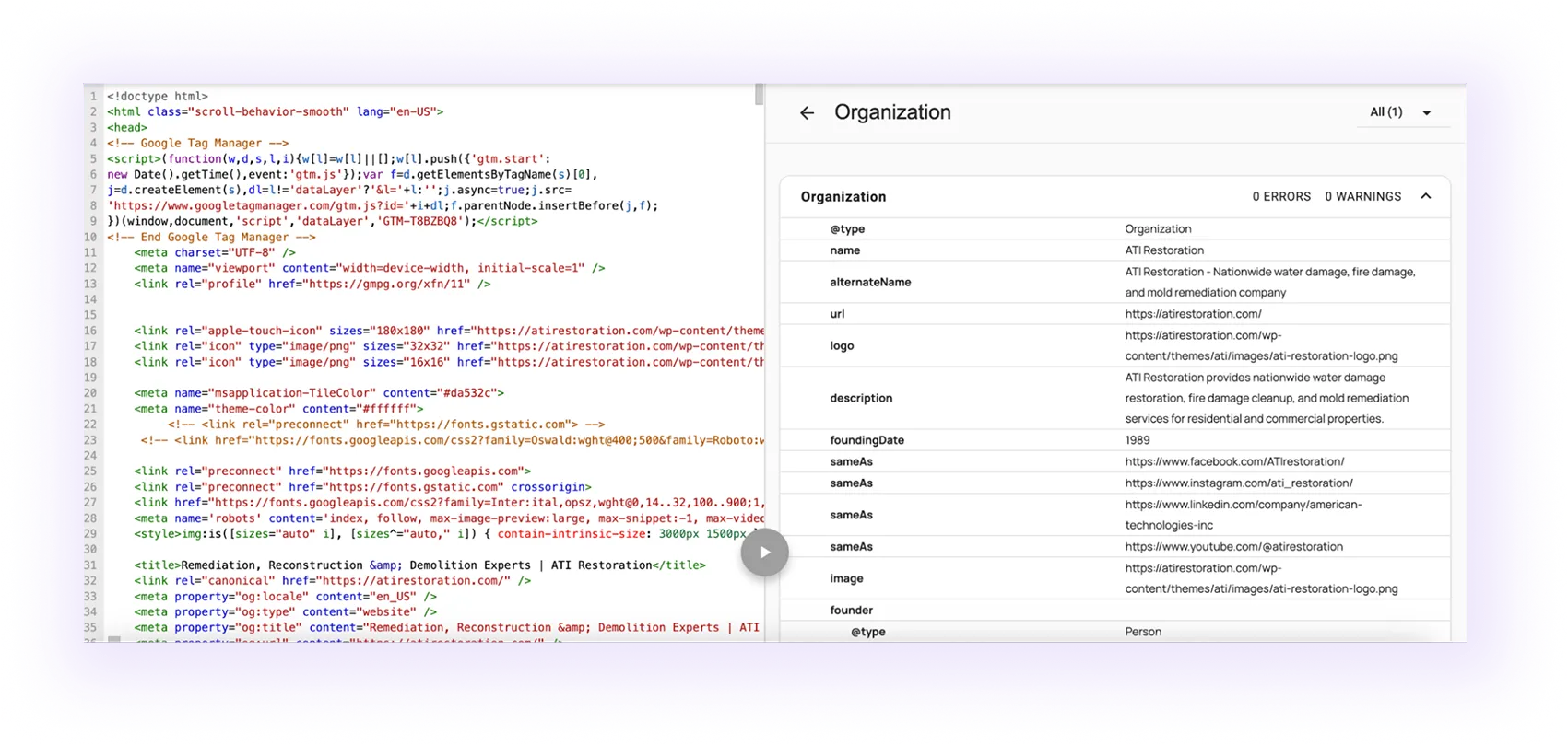 example of an optimized schema markup for a restoration website