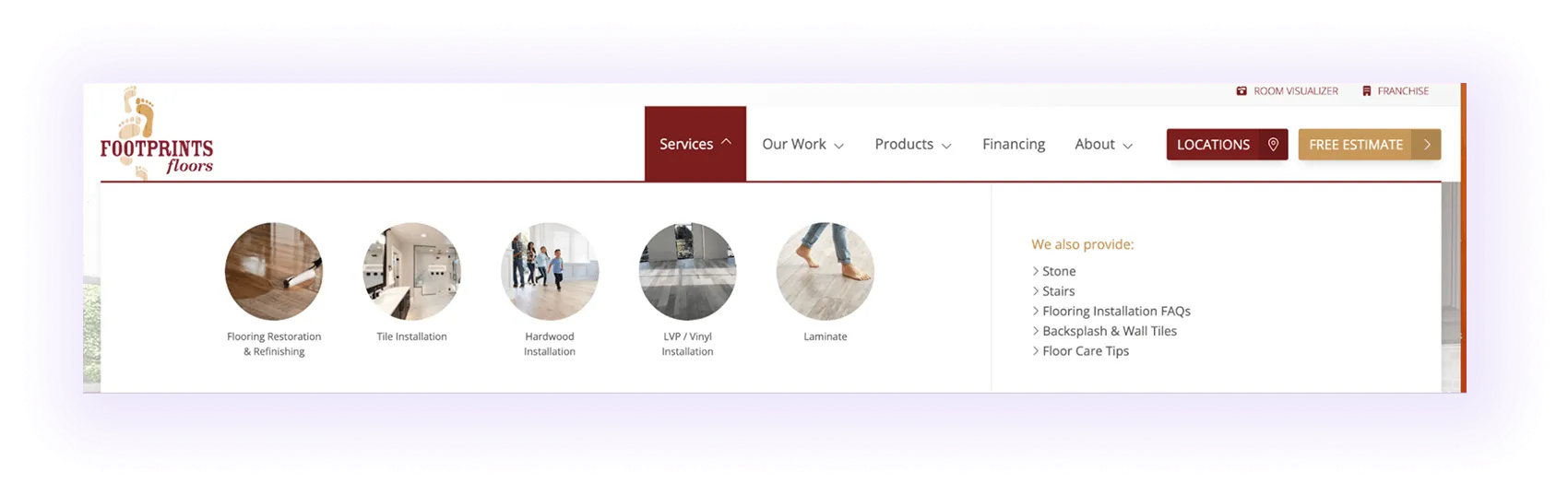 services tab elements in flooring website navigation menu