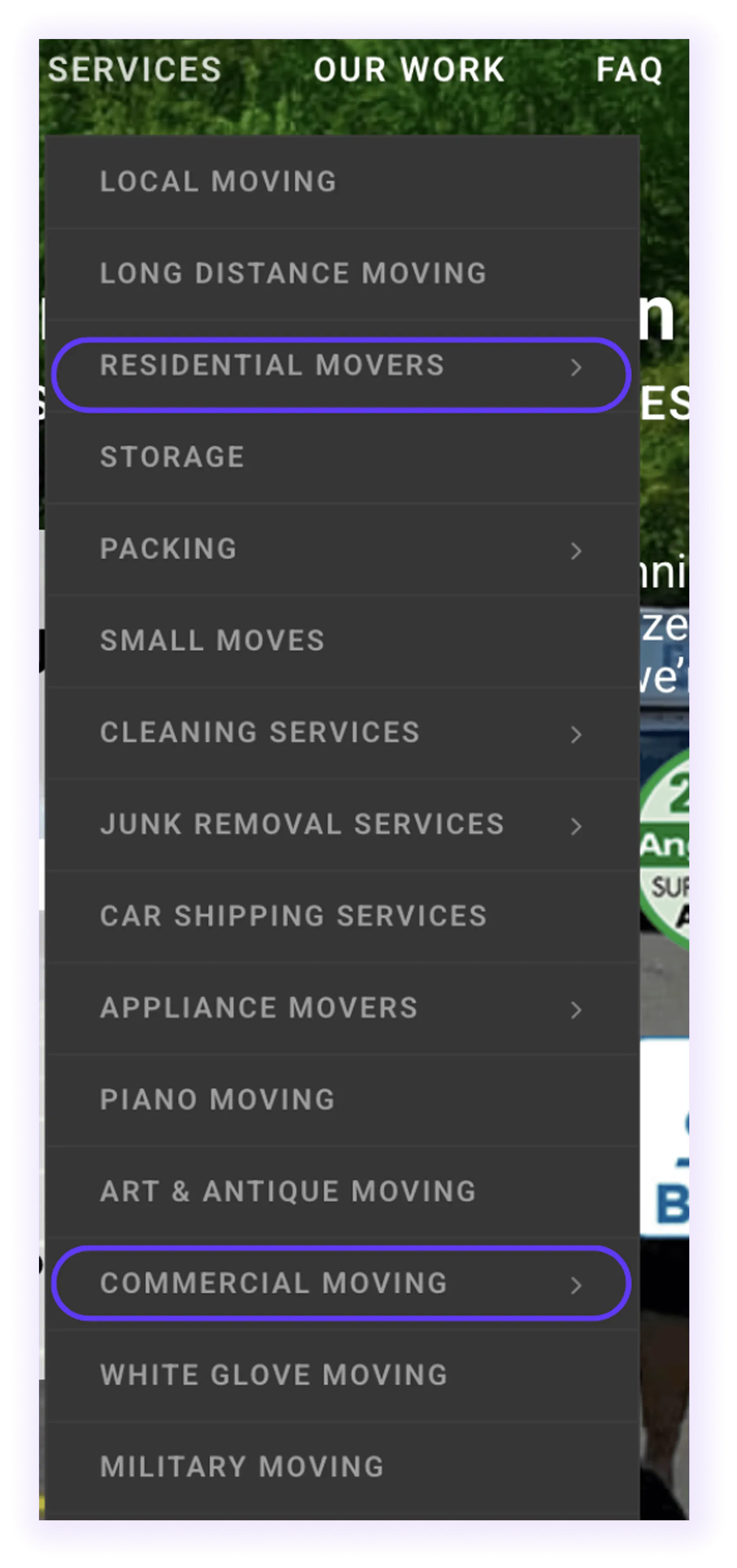 commercial and residential mover categories in a moving company website navigation bar