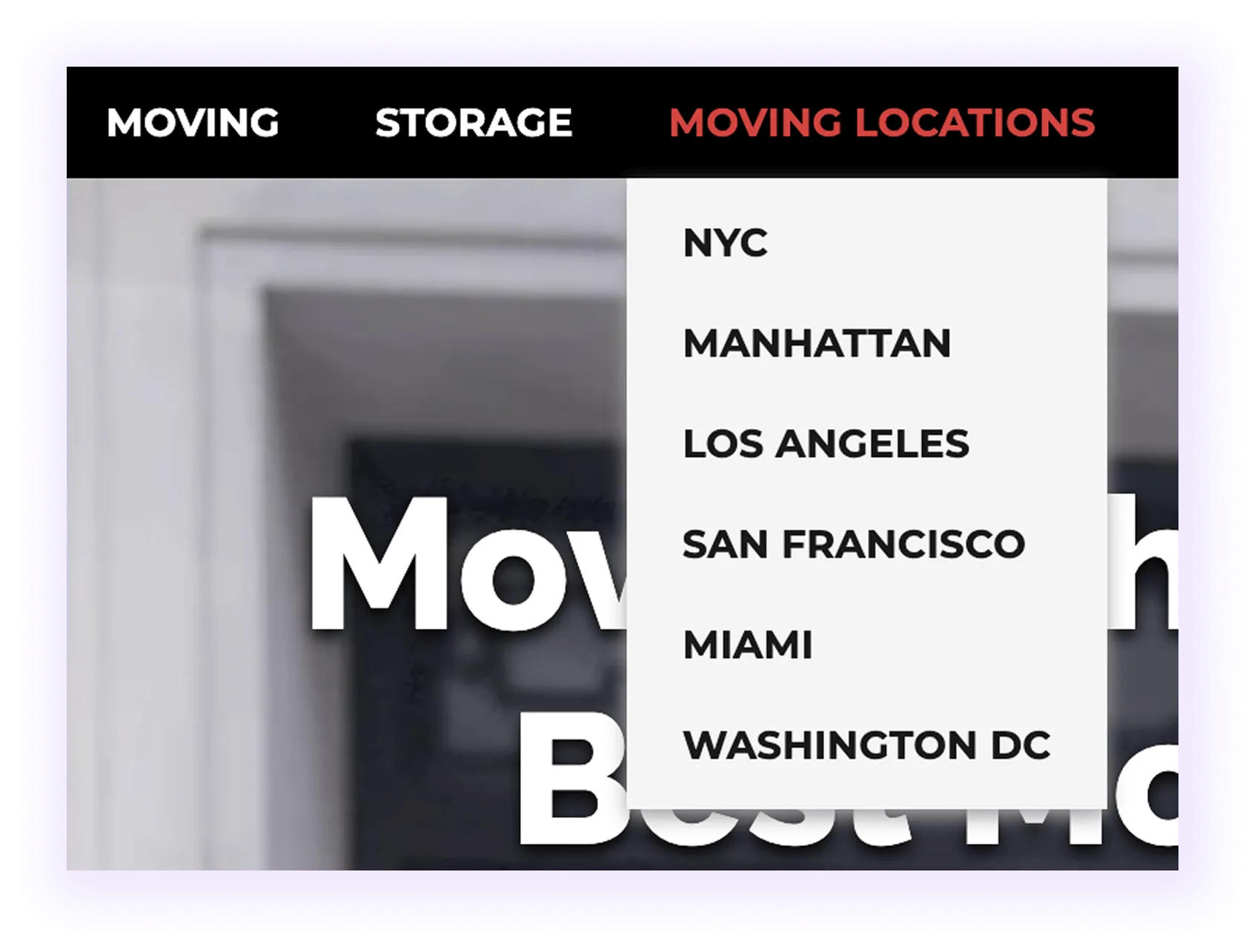 moving locations tab in a moving company website navigation menu