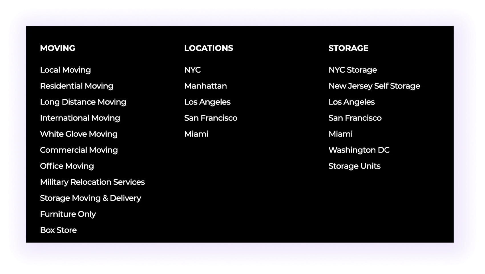 moving locations pages in a moving company website footer