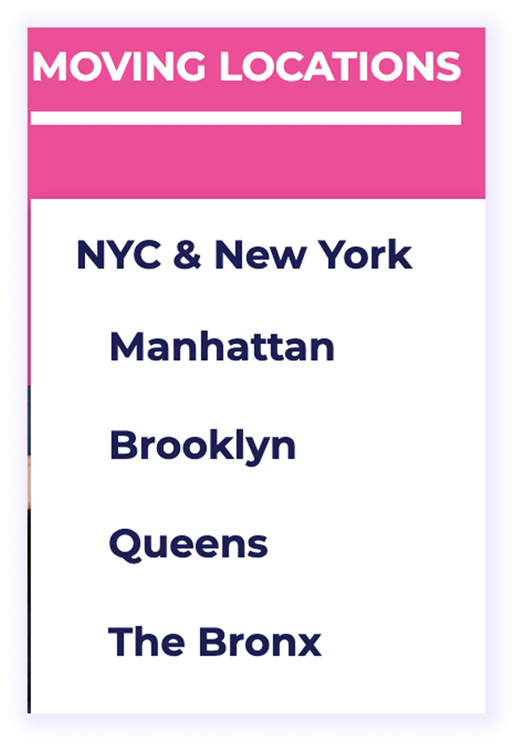 local moving company website homepage navigation menu leading to related location pages