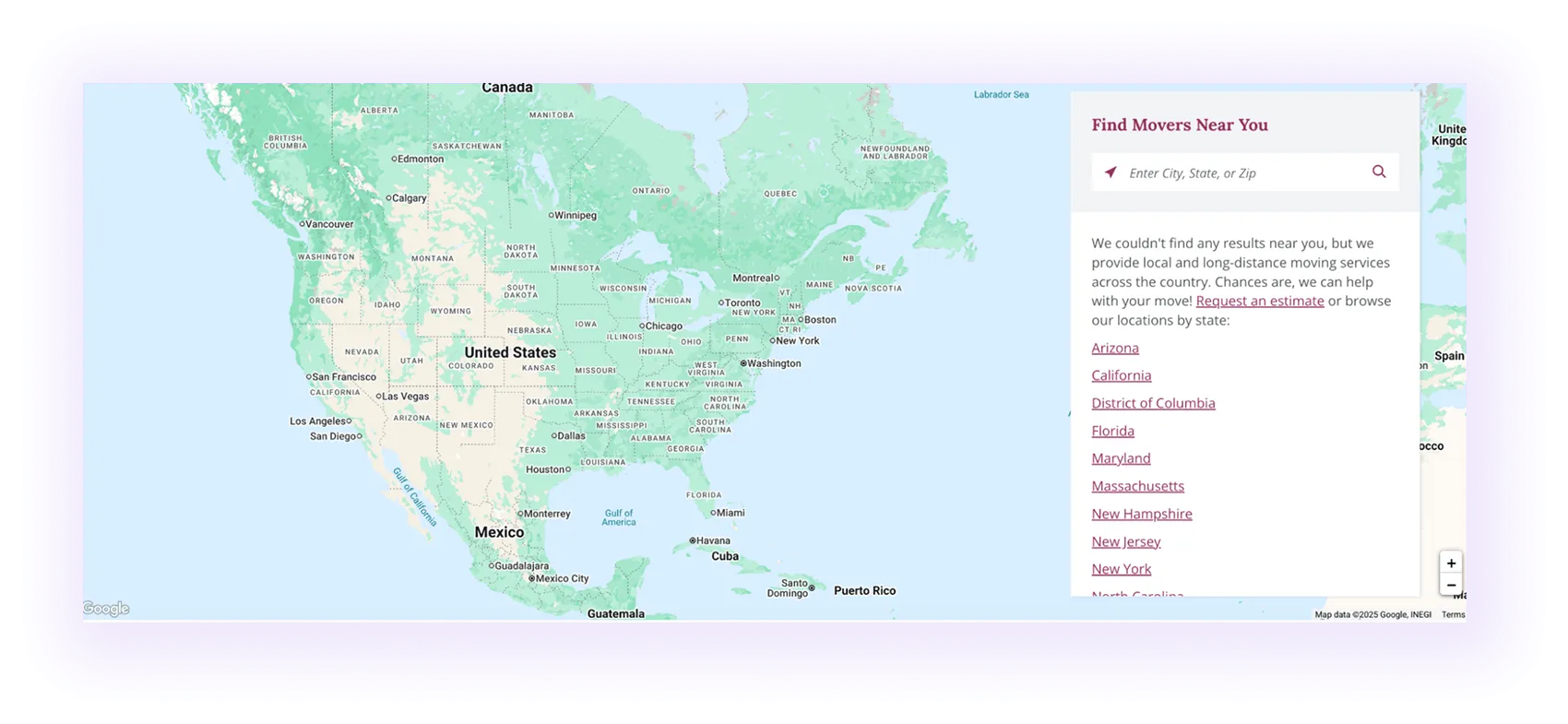 interactive map in a national moving company website