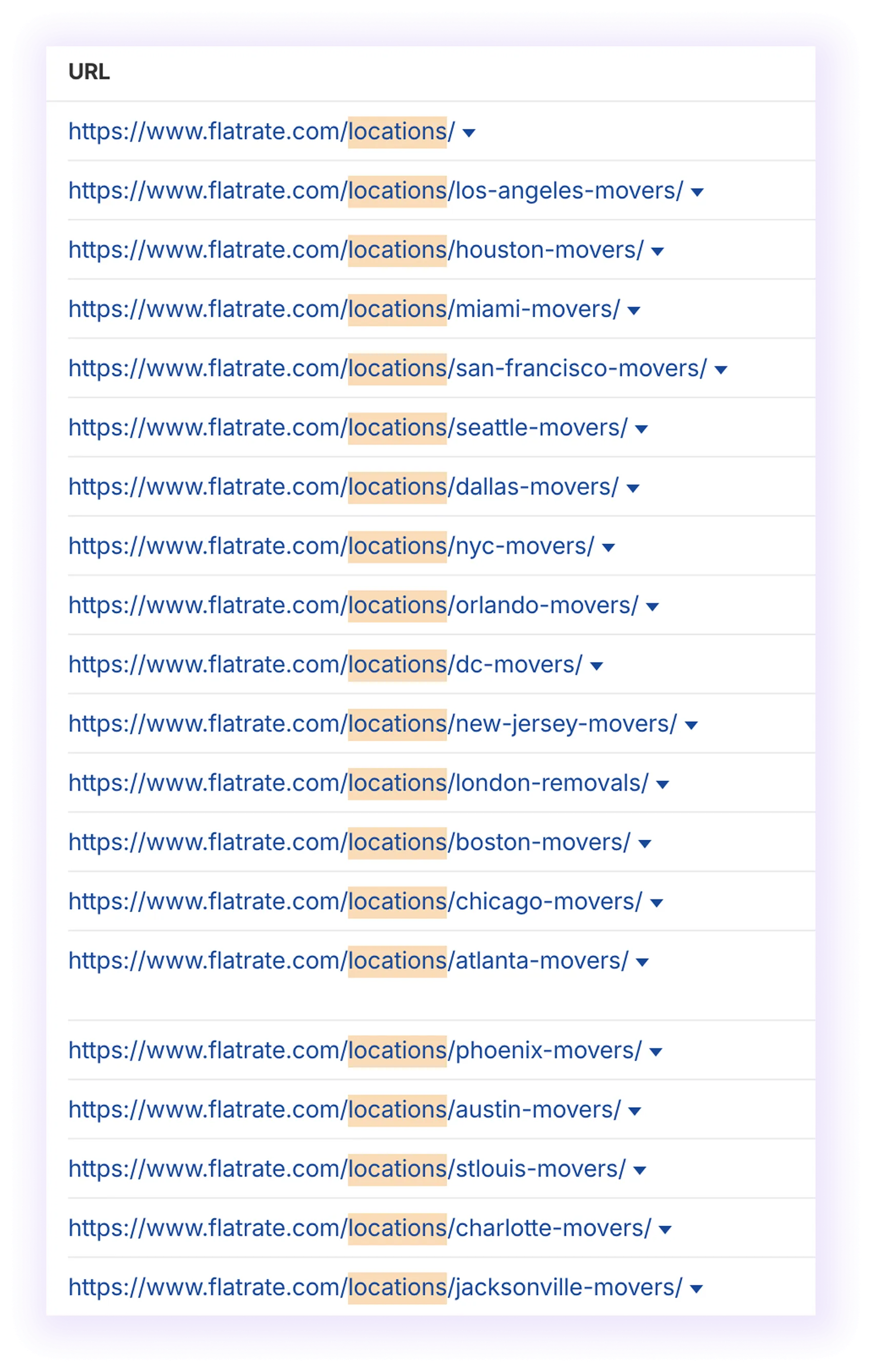 regional and local URL structure examples for a moving company website