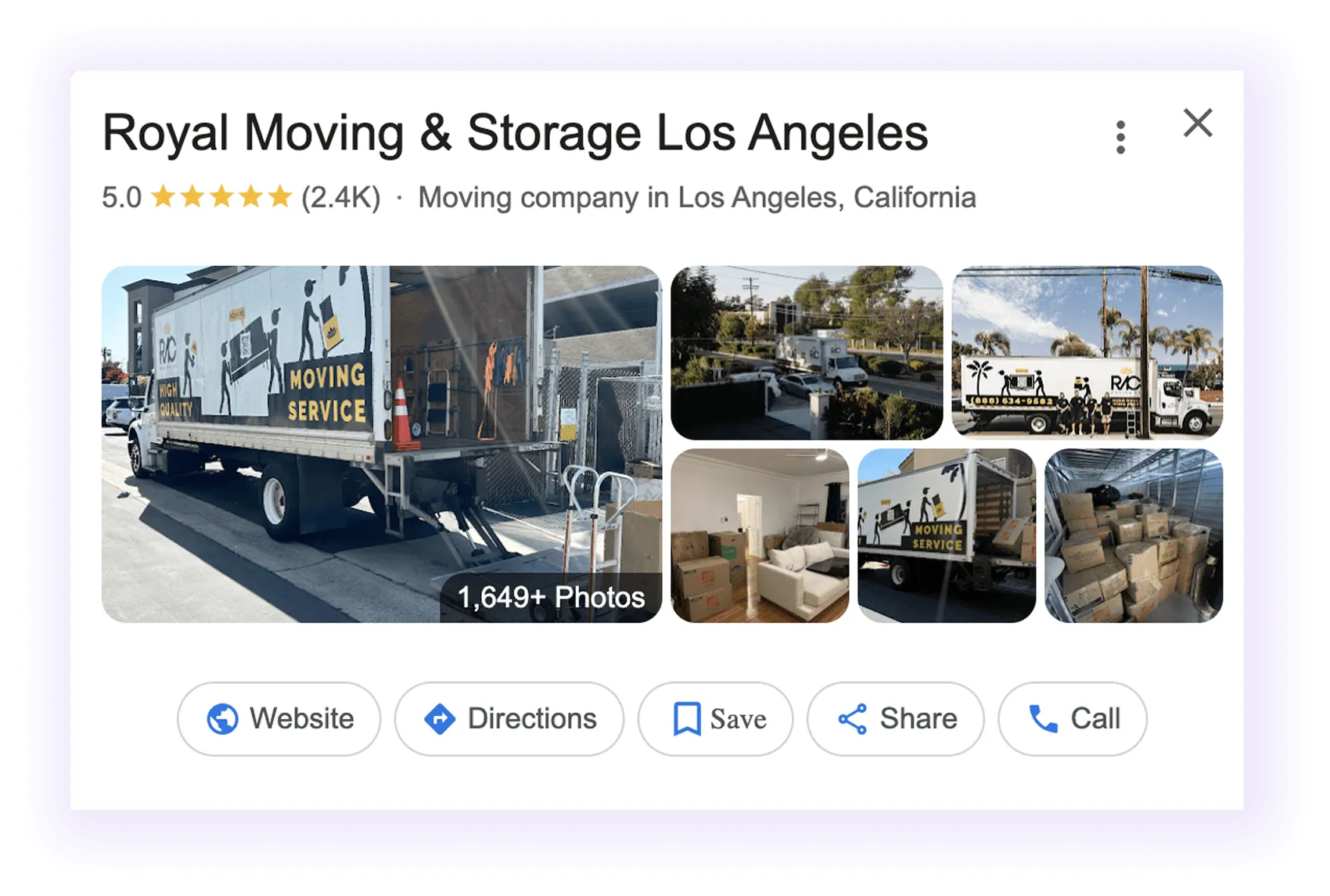 Google Business Profile overview example for a moving company