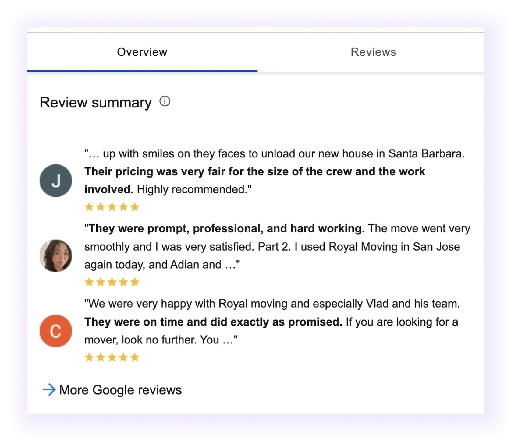 Reviews section example for a moving company GBP