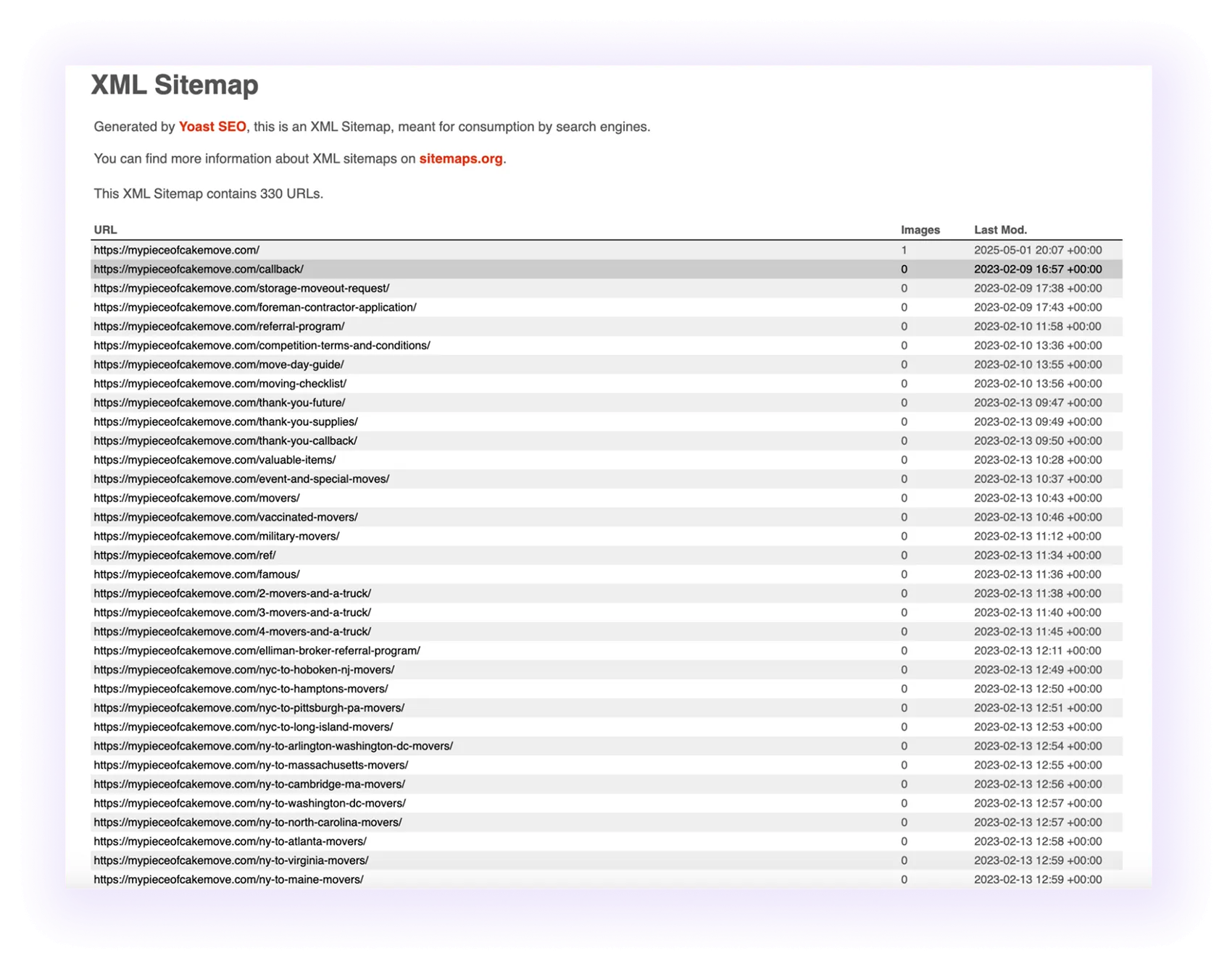 example of an optimized XML sitemap for a moving company website