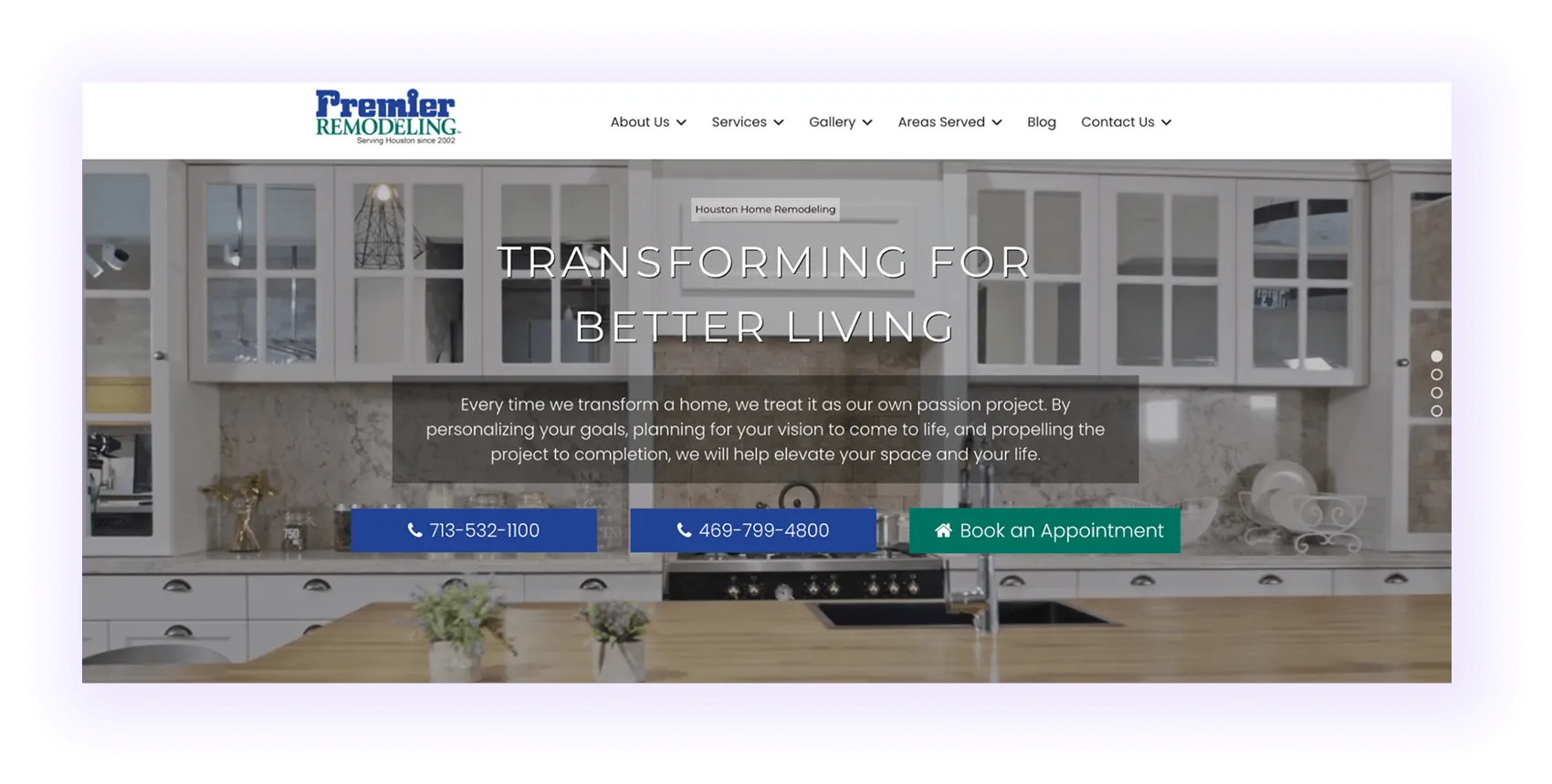 home improvement company website hero and navigation menu example