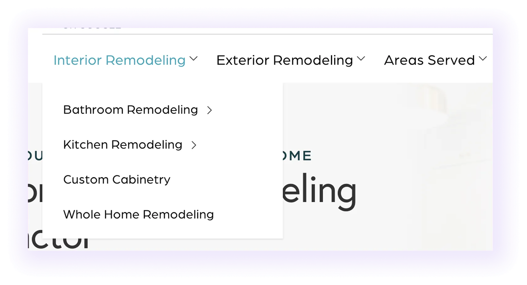 service pages dropdown menu in a home improvement website navigation