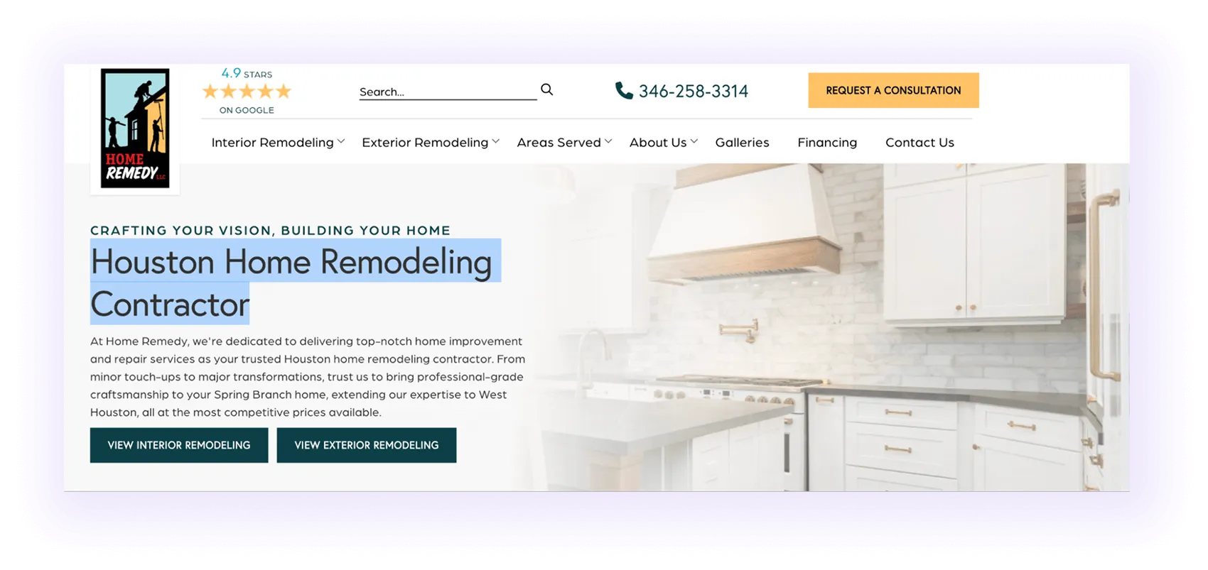 local home improvement website homepage hero section example with a targeted local keyword