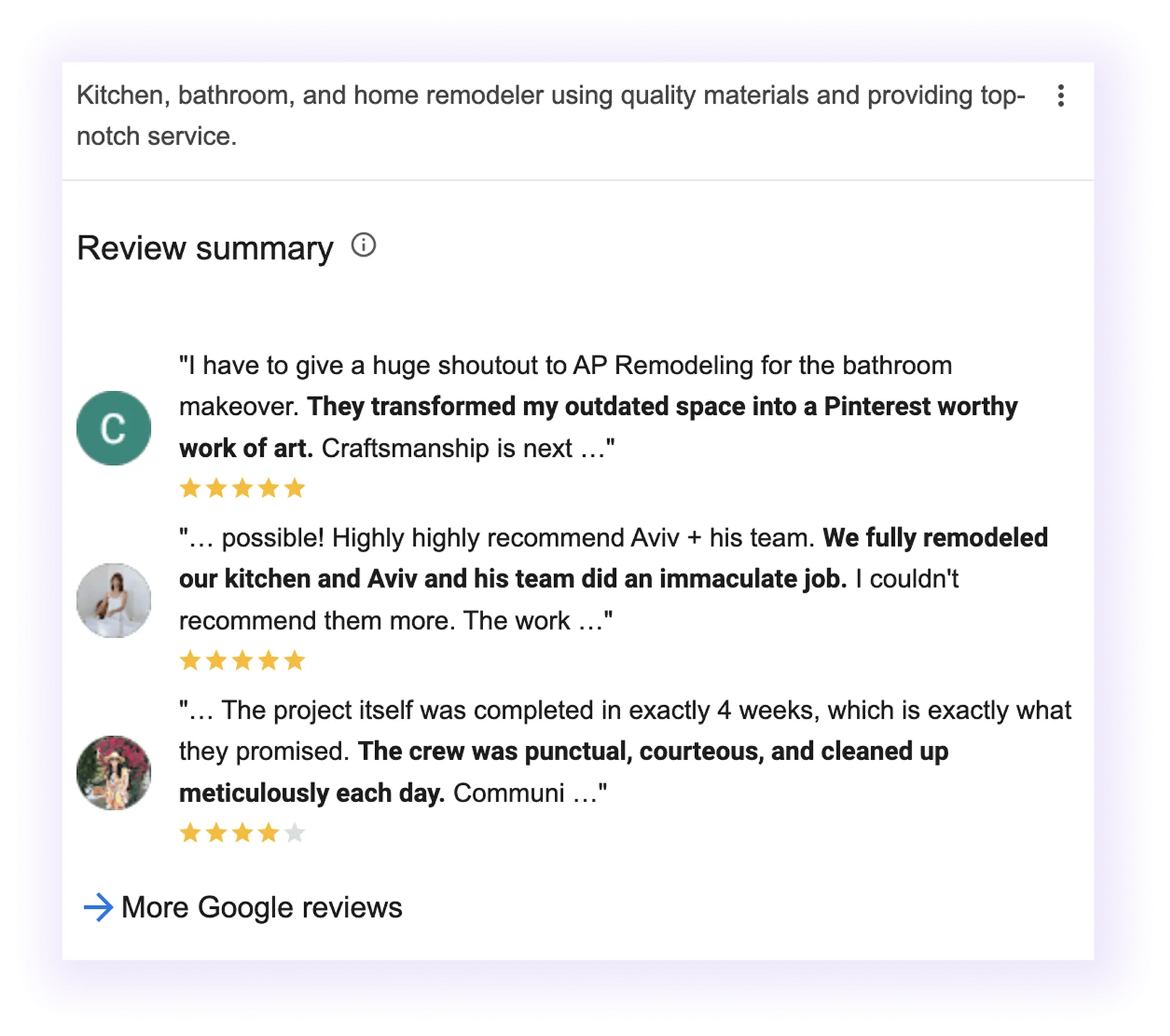 Reviews section example for a home improvement website