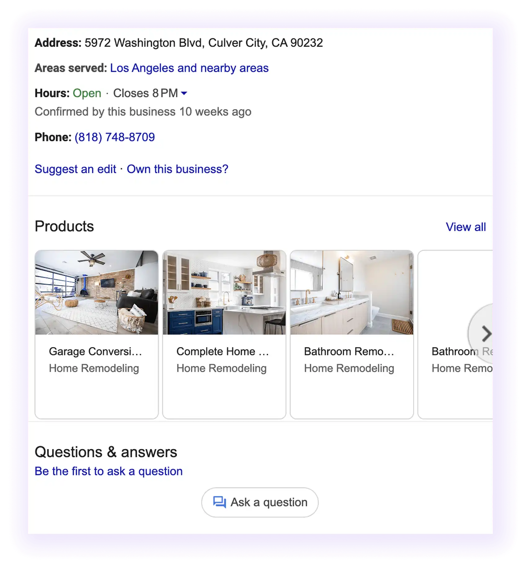 NAP and products sections example for a home improvement GBP
