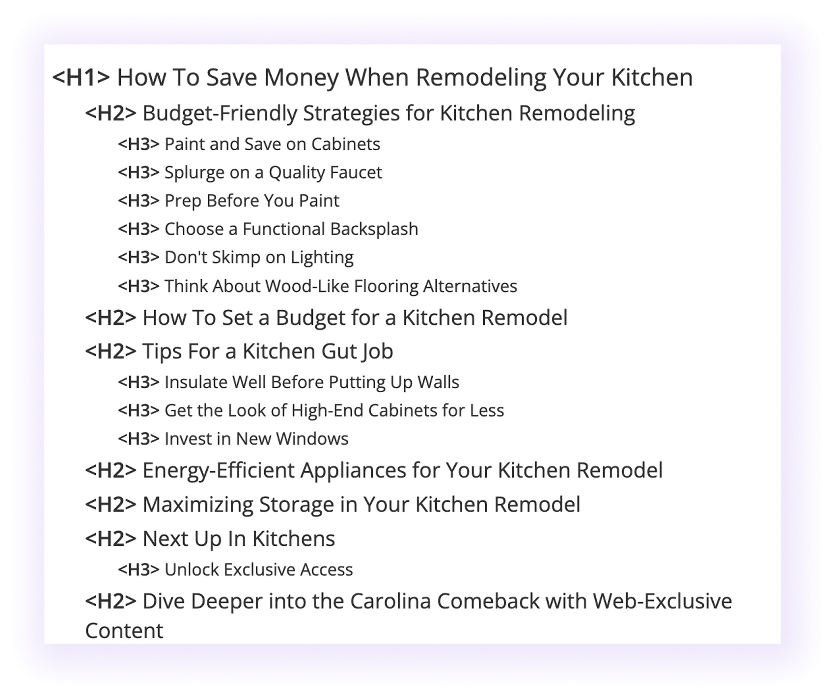blog post heading structure in a home improvement website blog