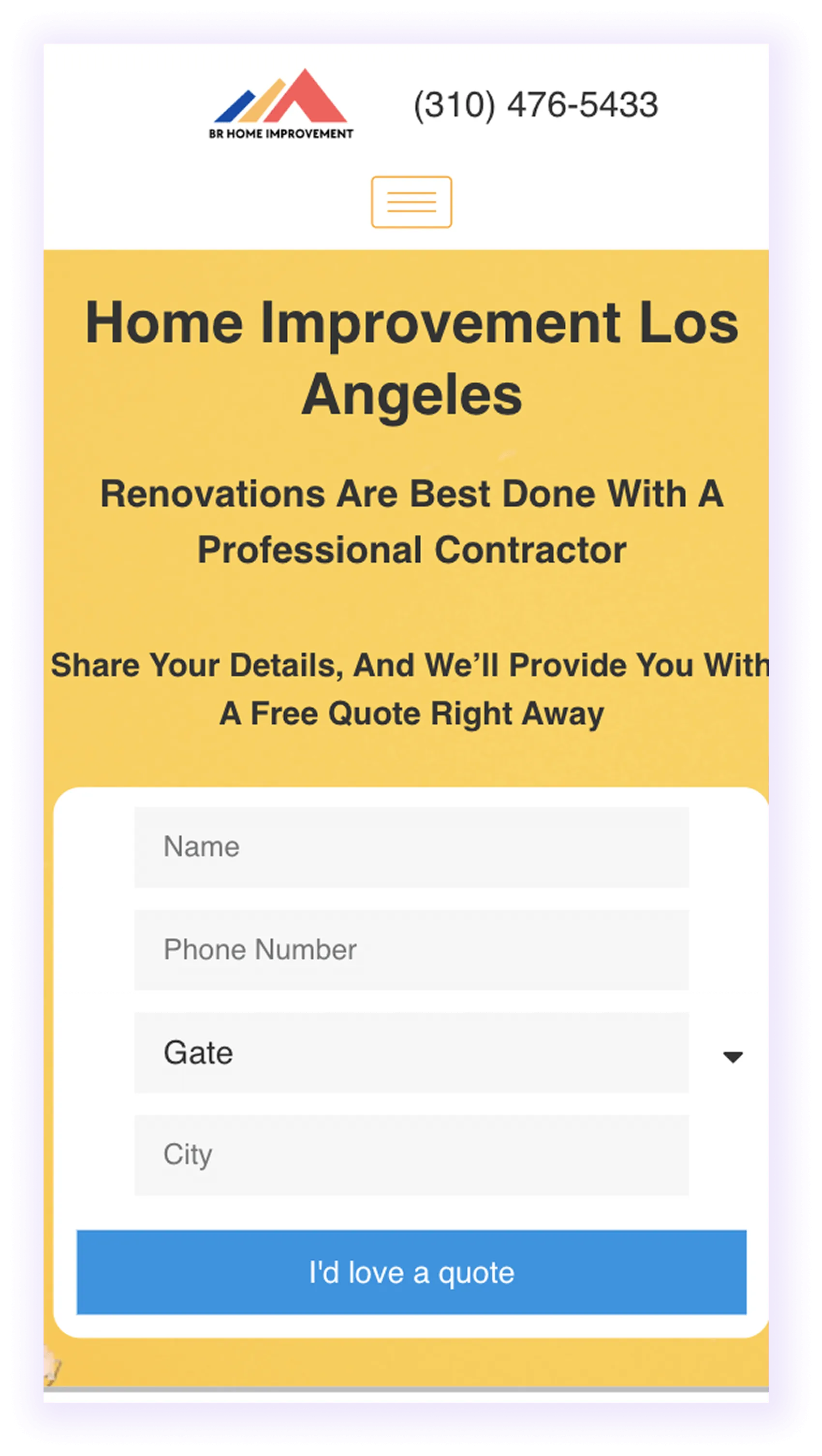 example of mobile-optimized home improvement website