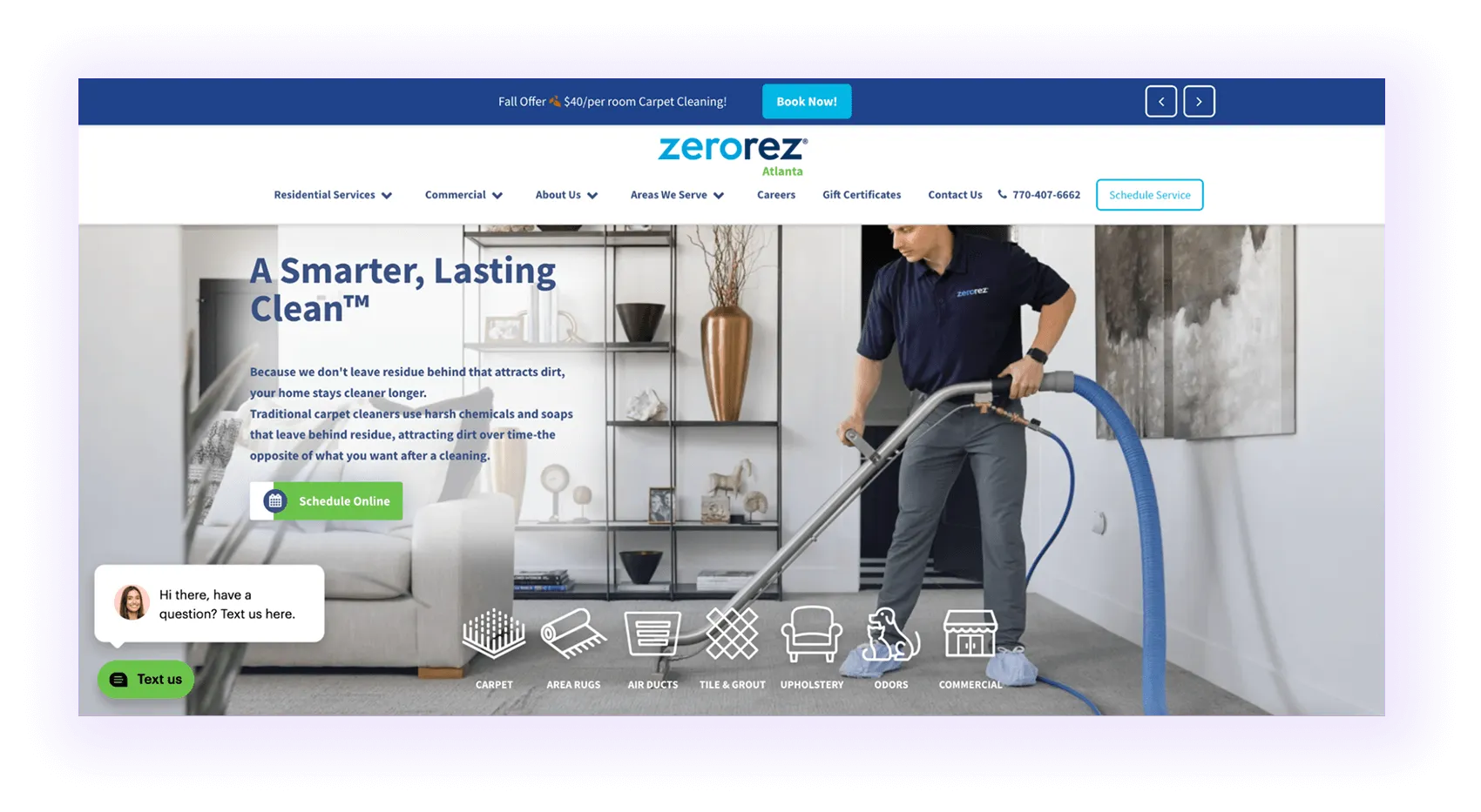 carpet cleaner website hero and navigation menu example