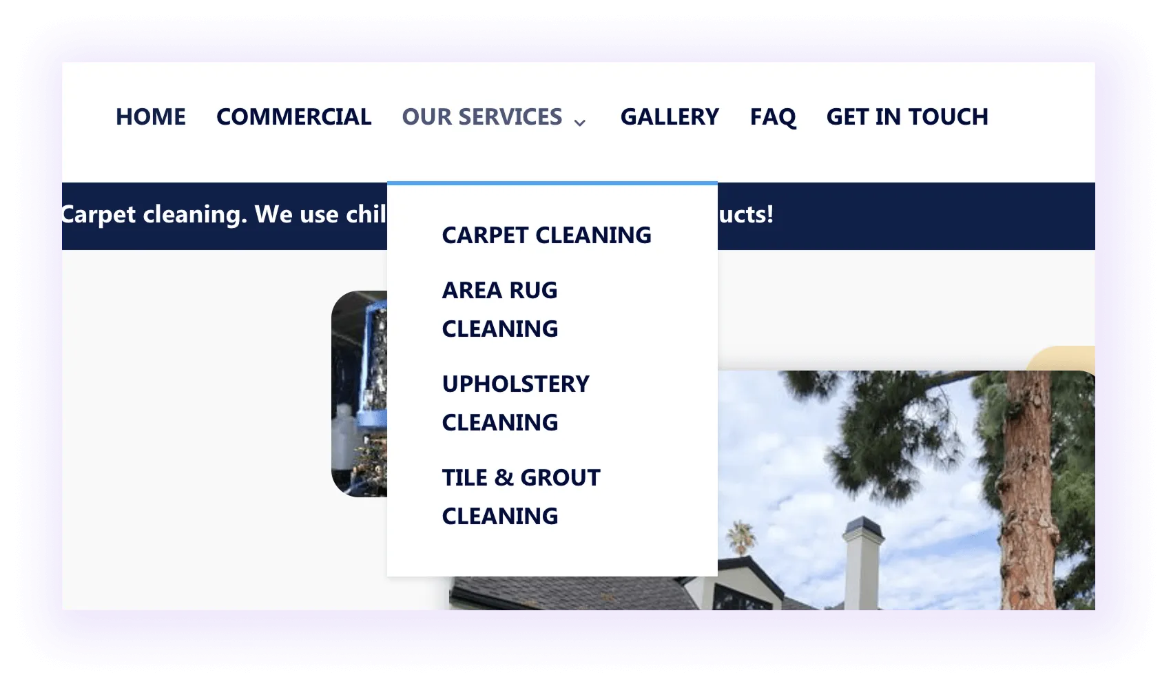 service pages dropdown menu in a carpet cleaner website navigation