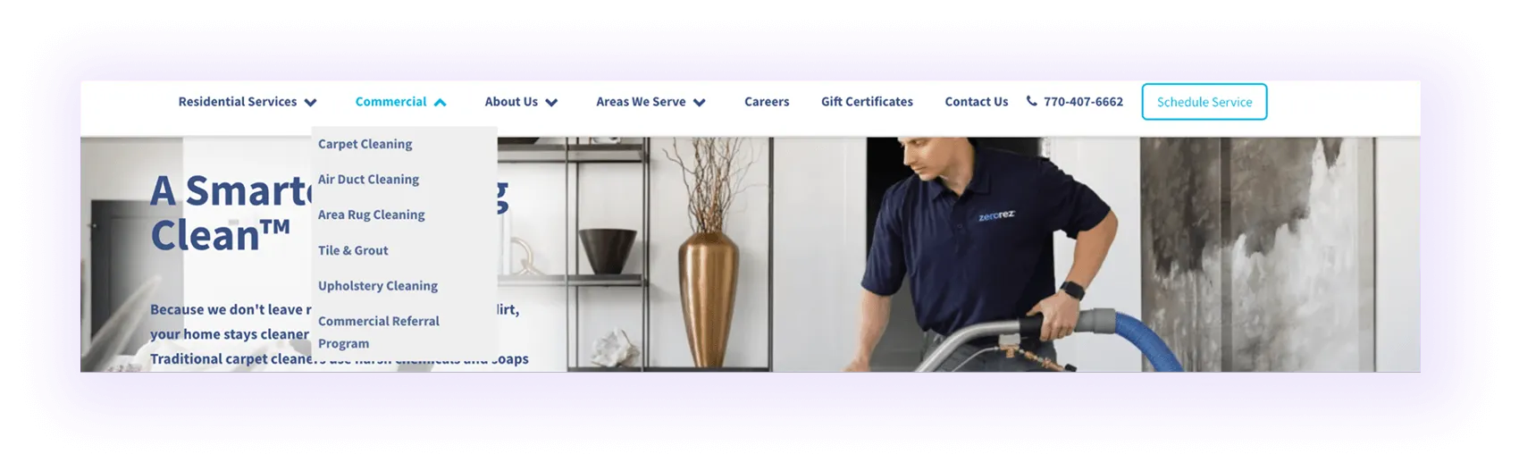 commercial category drop-down menu in the navigation of a carpet cleaner website