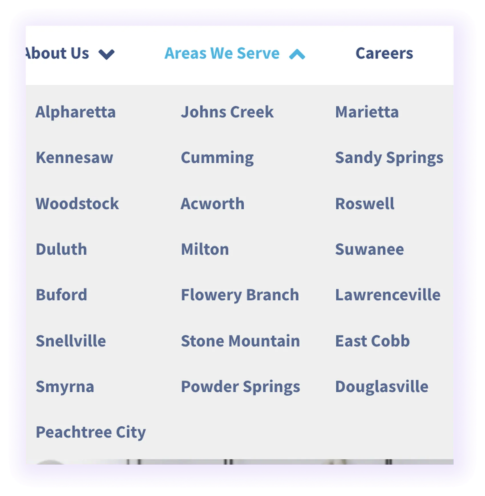 locations serviced on a drop-down menu of a carpet cleaner website