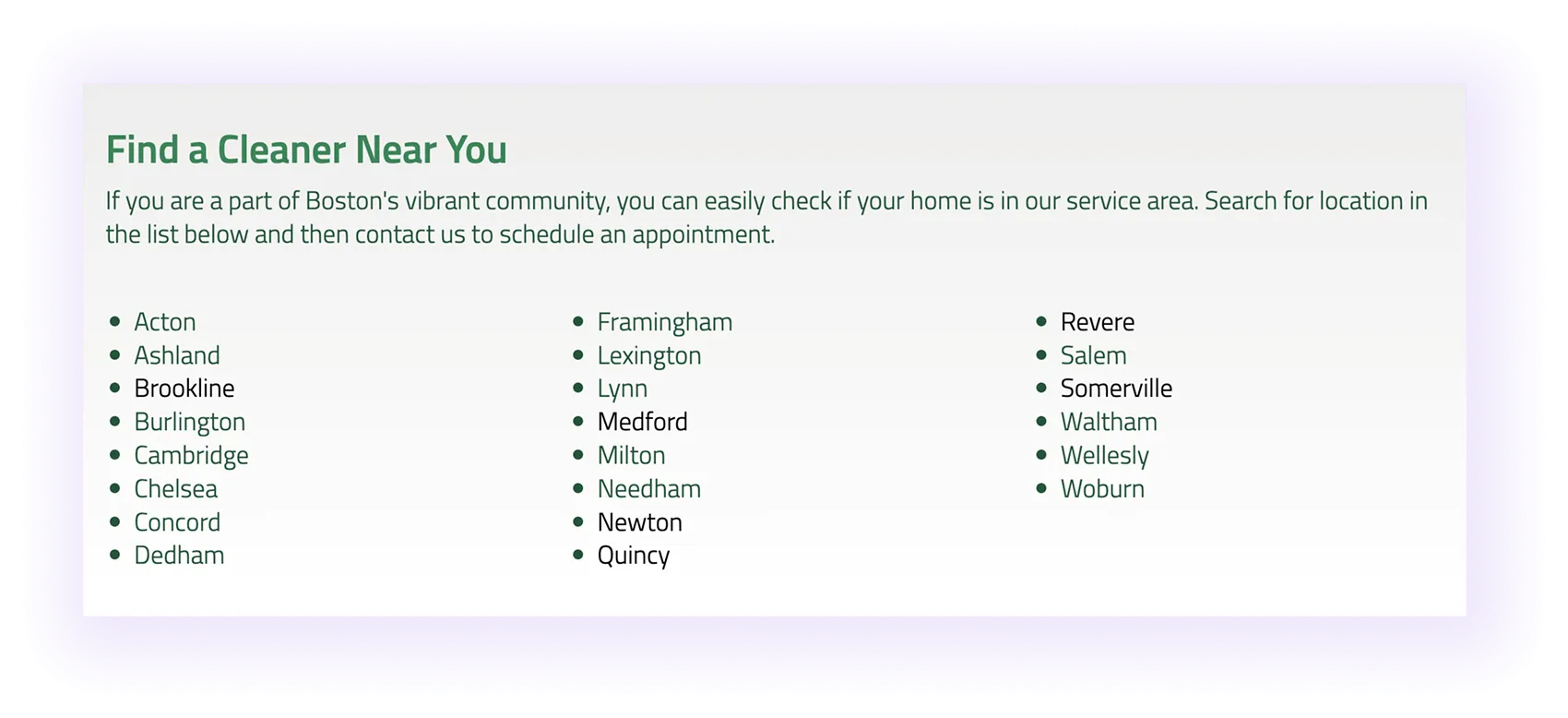 location pages linked on a carpet cleaner website