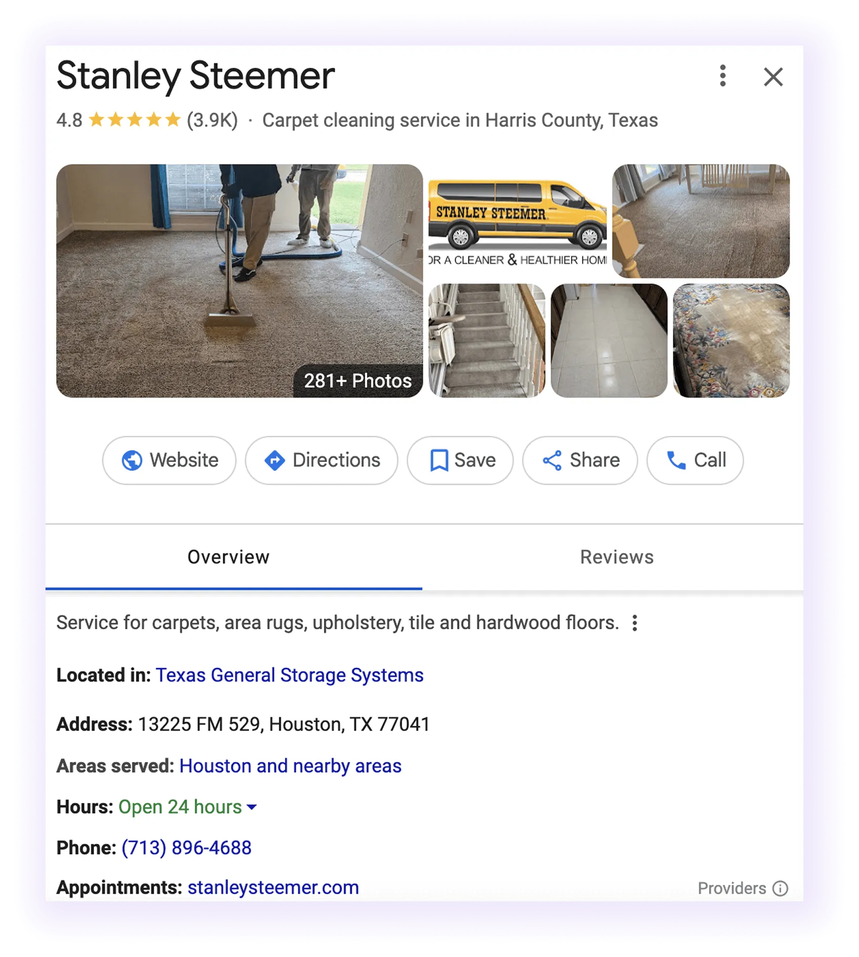 Google Business Profile overview example for a carpet cleaner GMB