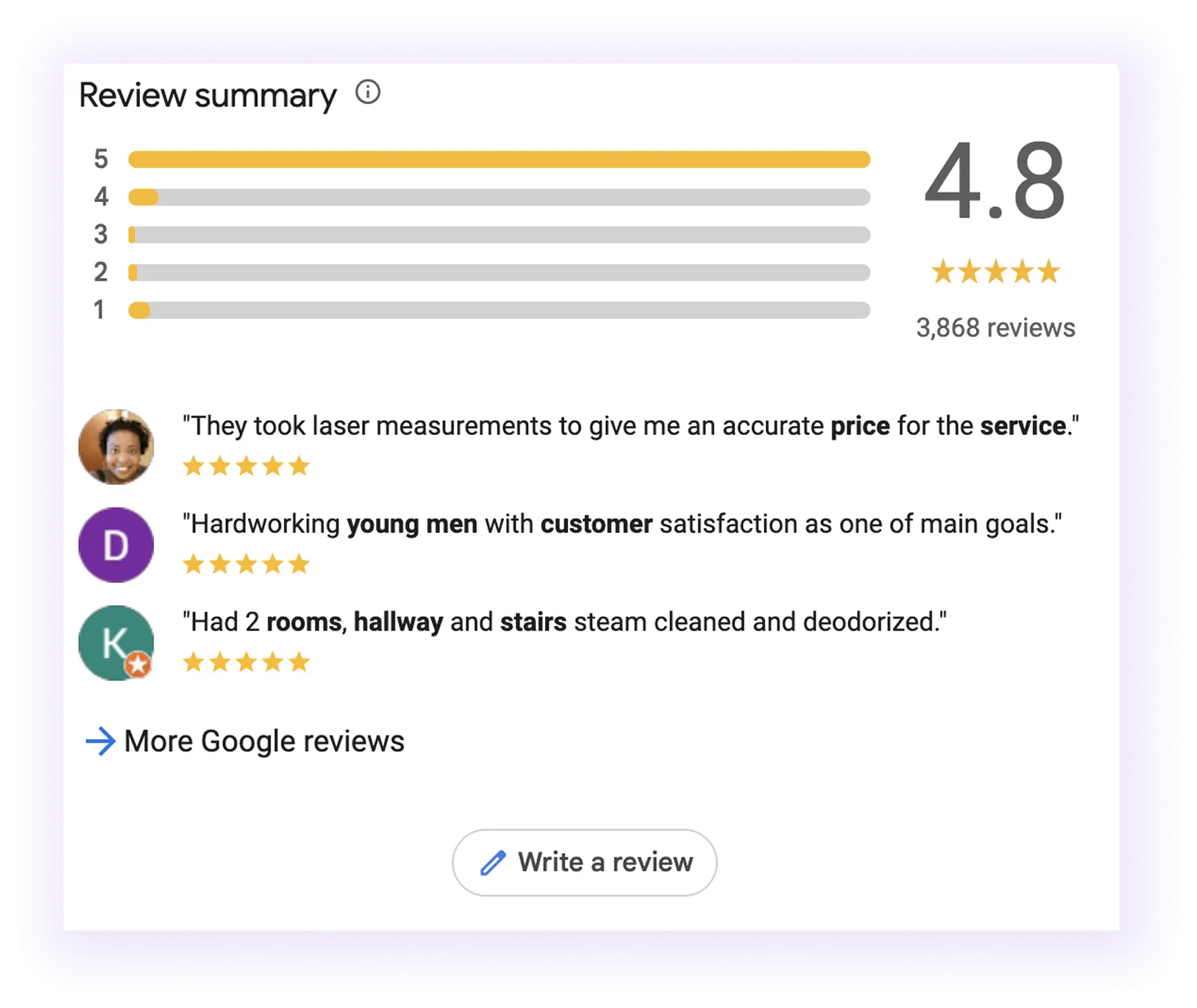 reviews section on a carpet cleaner GMB