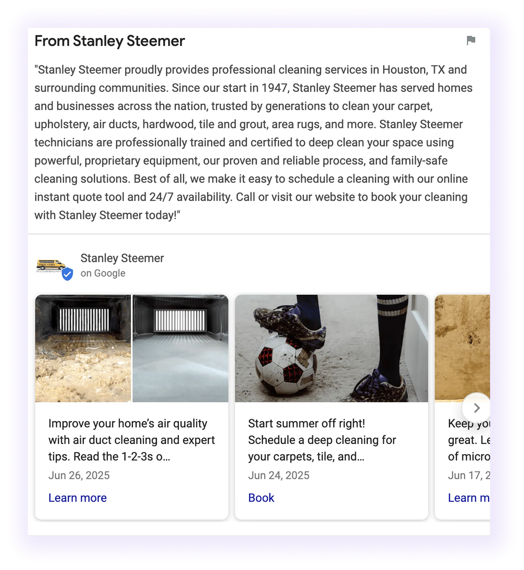 services description/summary section on a carpet cleaner GMB