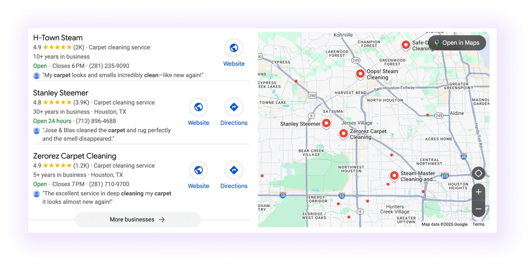 carpet cleaner companies' Google Business Profiles showing up in a map