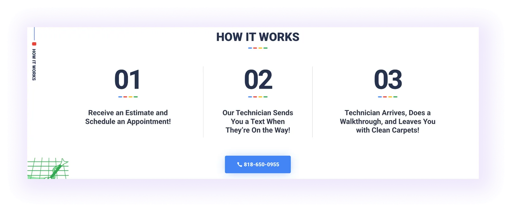 block showing the porcess of a carpet cleaner service on the website