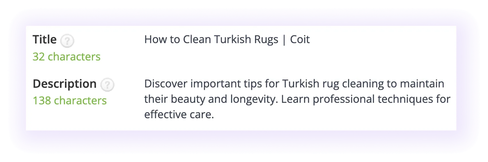 optimized meta title and meta description in a carpet cleaner website blog