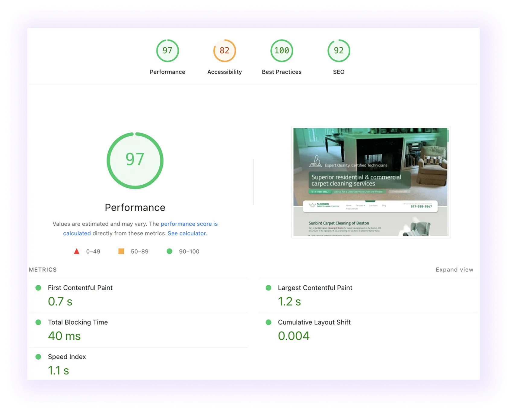 performance score and core web vitals of a carpet cleaning website