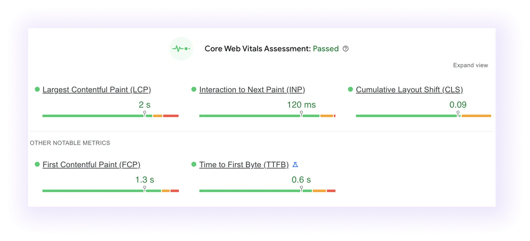 Core Web Vitals assessment passes result for a carpet cleaning website