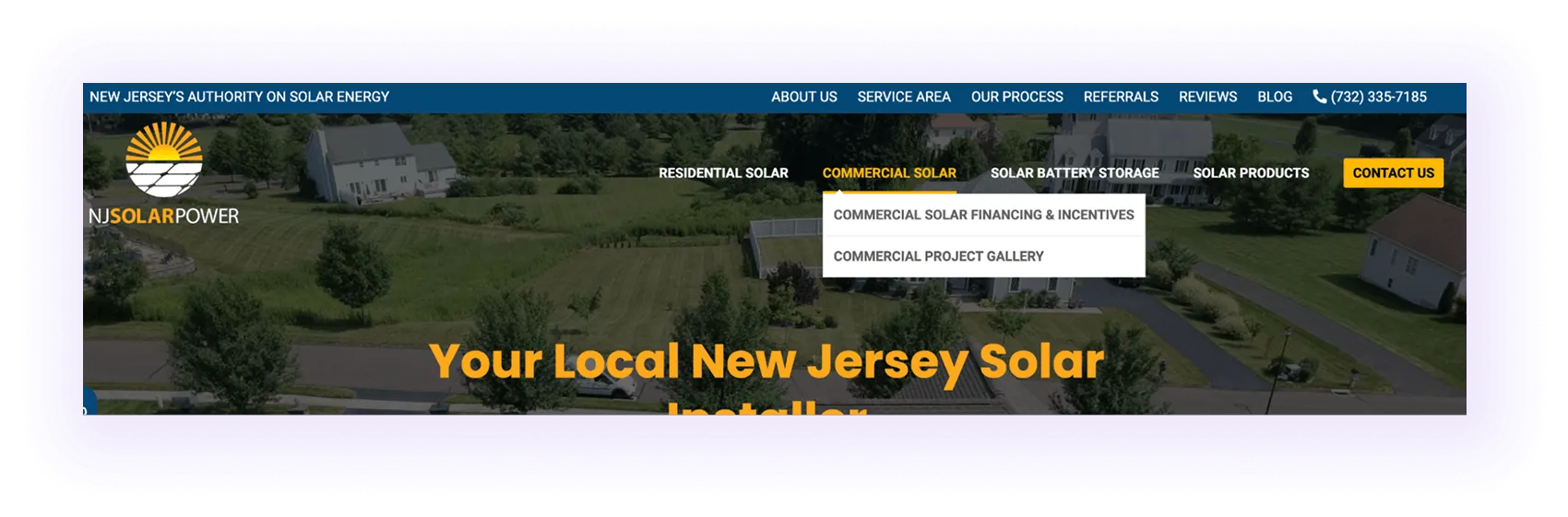 commercial category drop-down menu in the navigation of a solar company website navigation