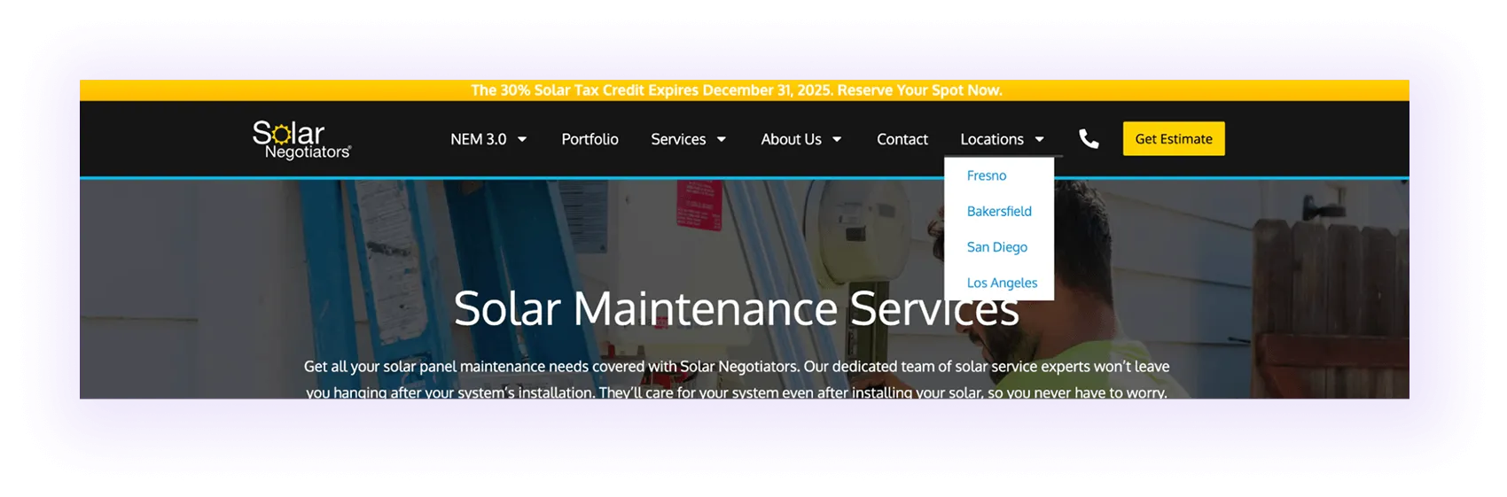 location pages linked on a navigation bar on a solar company website