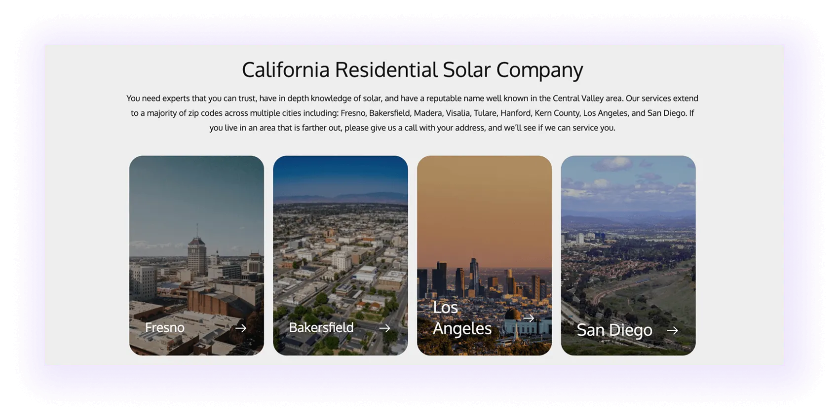 location pages linked in homepage content on a solar company website