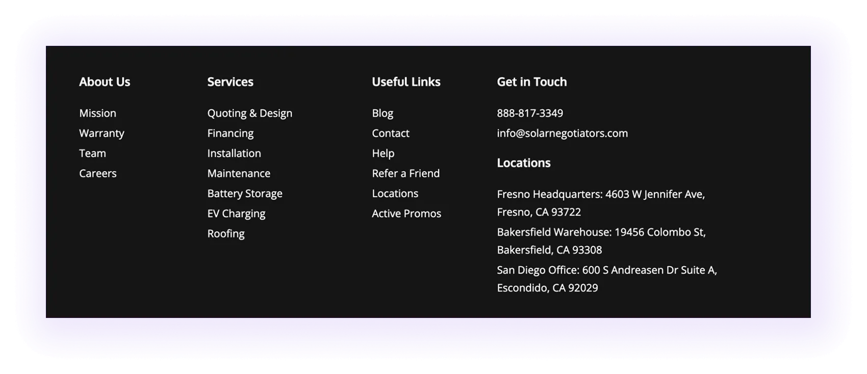 location pages linked on a footer of a solar company website