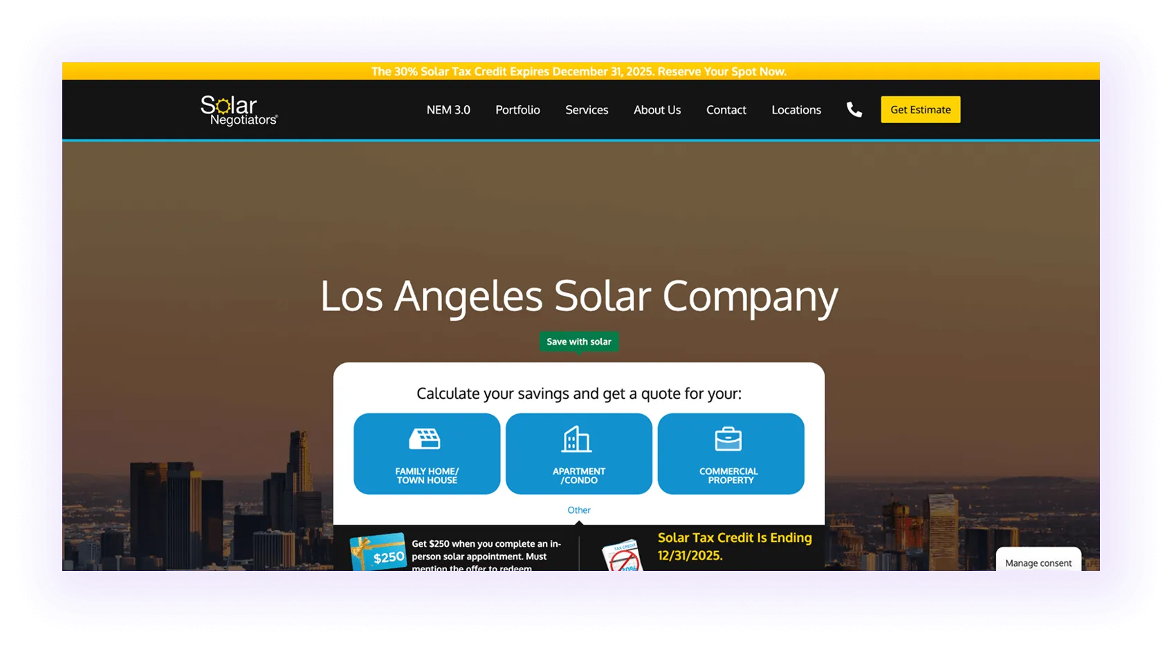 national solar company website homepage hero section example with a targeted local keyword