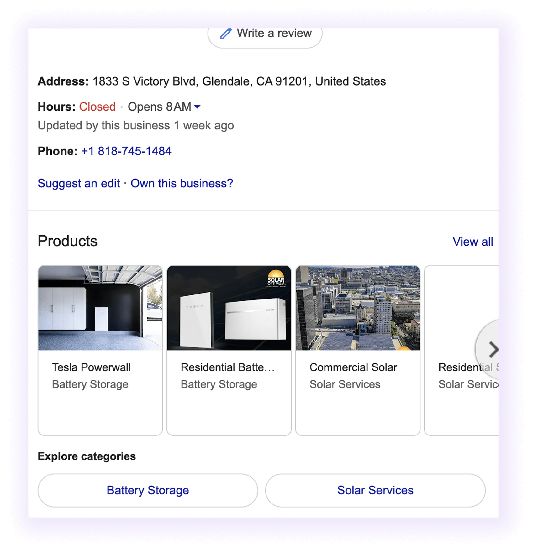NAP and products section example for a solar company GMB