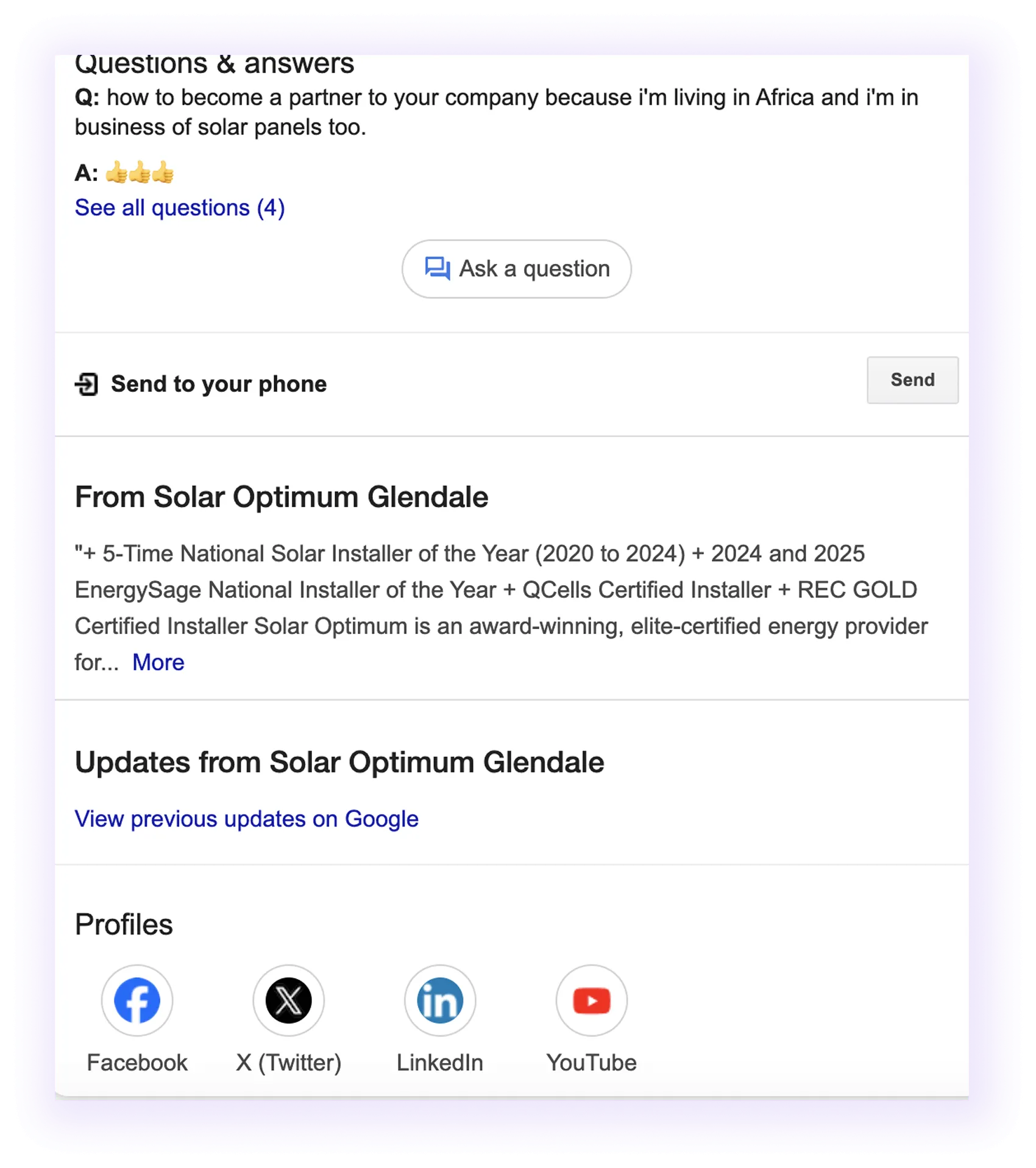Q&A, business description, and social media profiles sections example for a solar company GMB