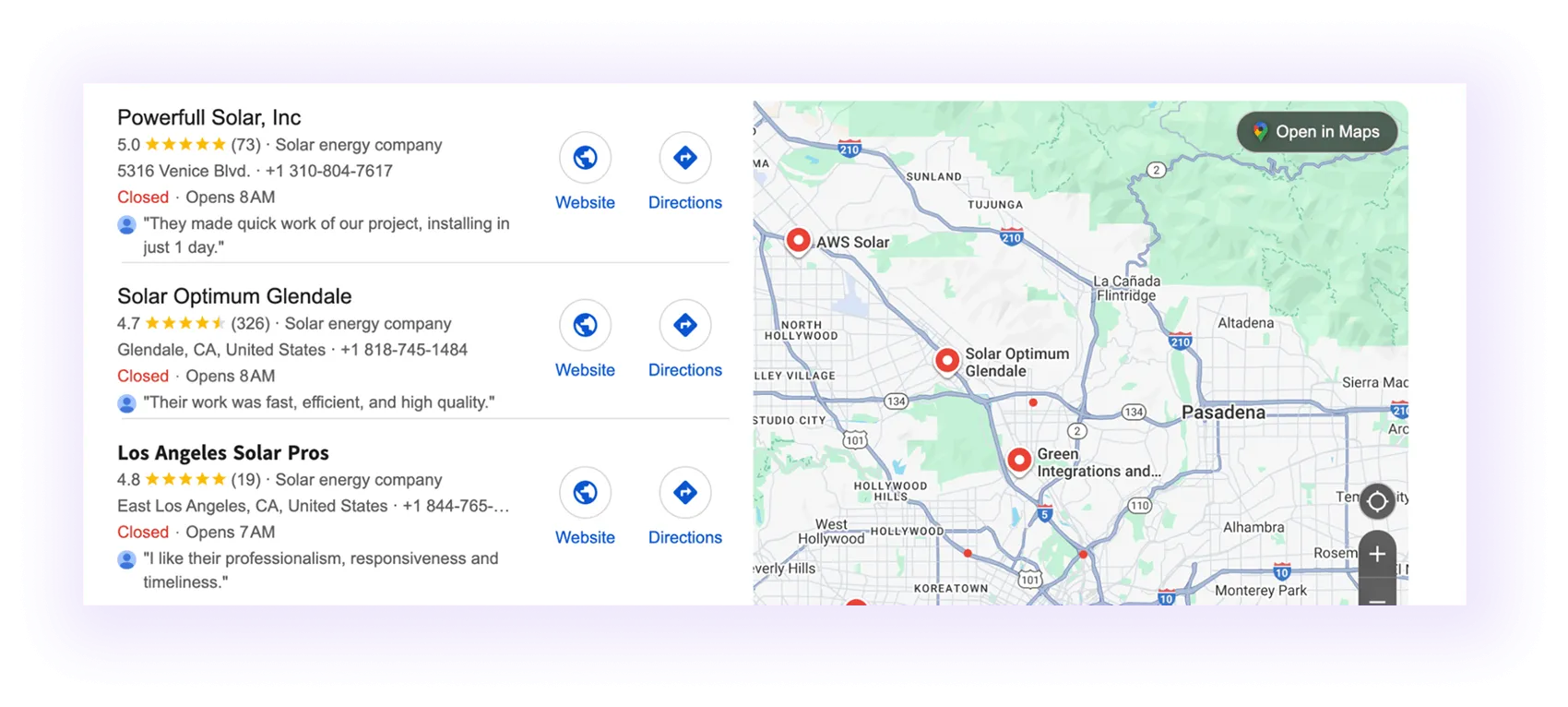  solar companies' Google Business Profiles showing up in a map